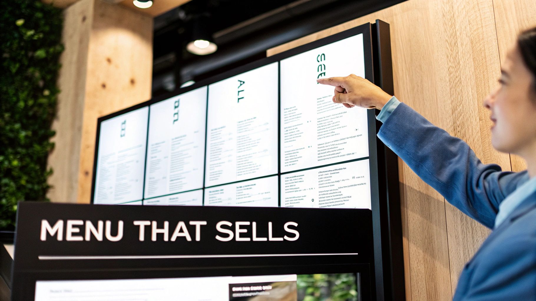 A person's hand points to a bright digital menu board in a modern coffee shop.