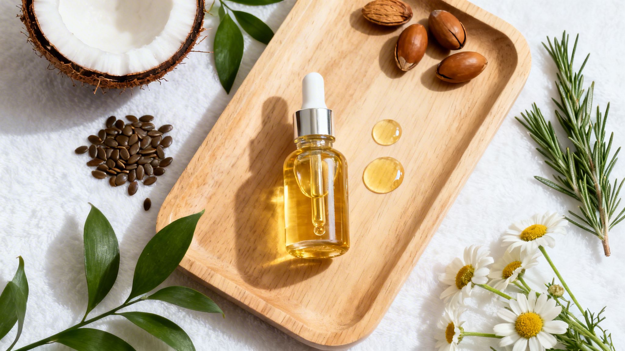 A photo of a bottle of hair oil, nuts and someother natural ingredients