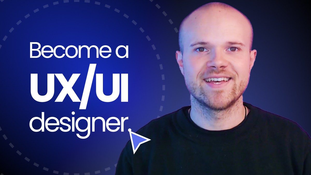 The words "become a UX/UI designer" on a gradient blue background next to graphic designer and website developer Sam Anthony, the author of the article.