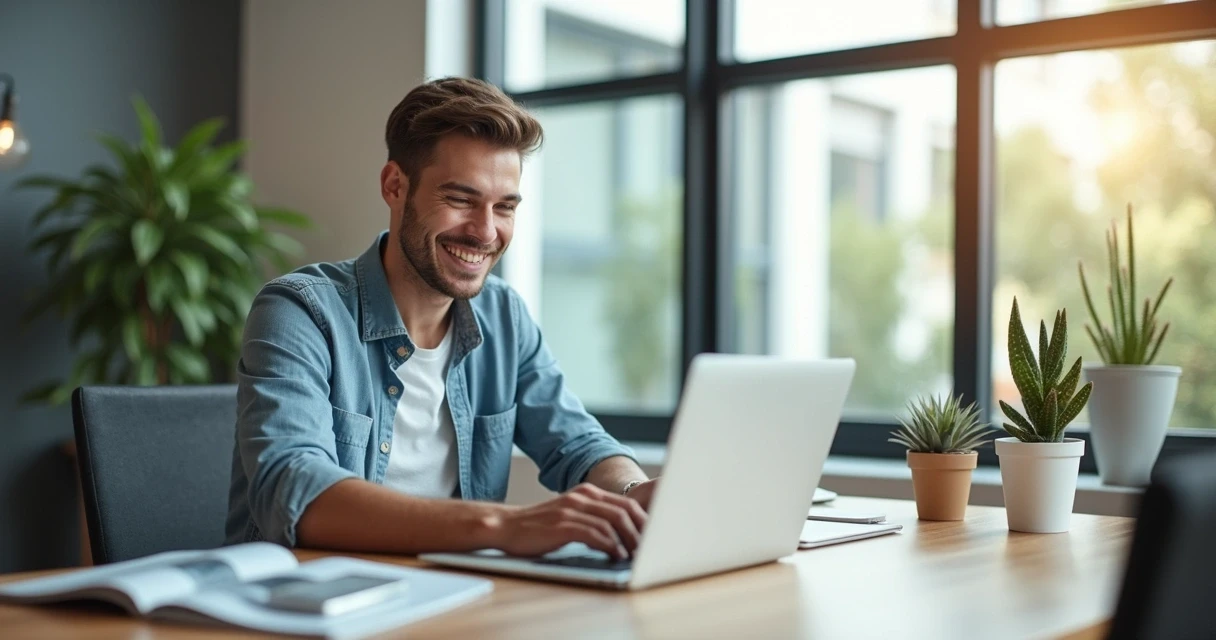 Homem jovem usando notebook em ambiente corporativo moderno, sorriso leve, mesa clean com itens de escritório, luz natural ao fundo, parede de vidro 