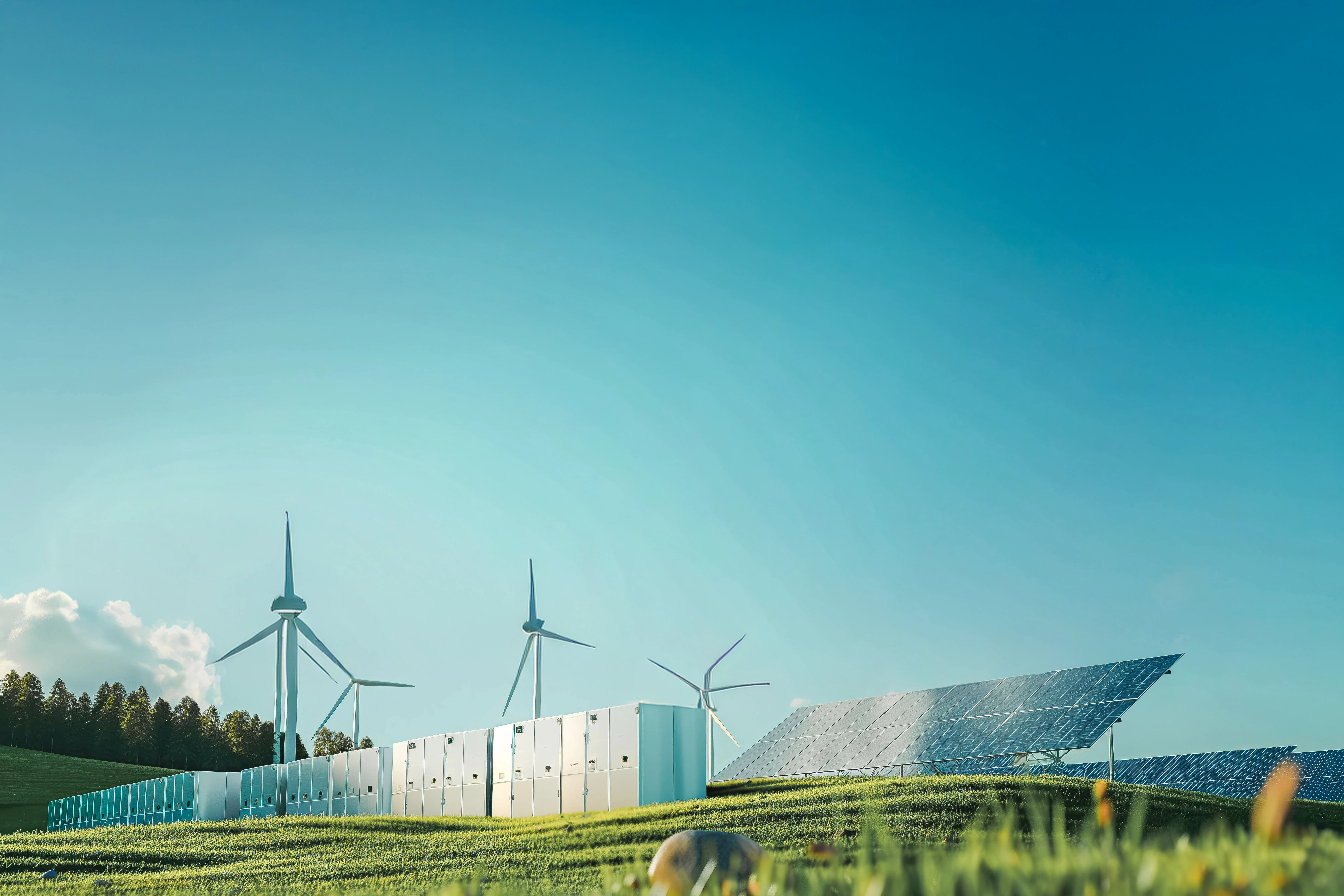 Solarpark mit Windkraftanlagen und Batteriespeichern in grüner Landschaft