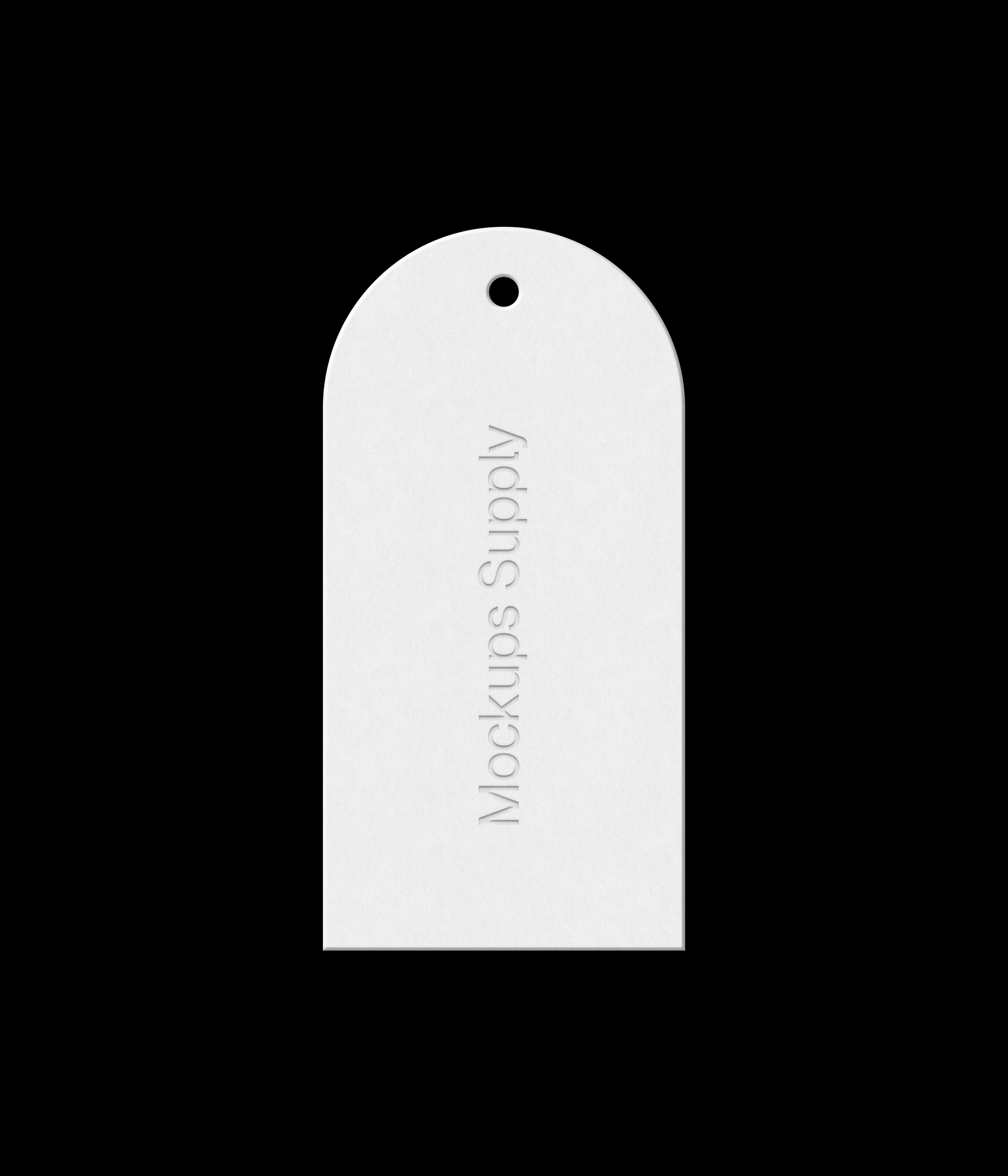 Arch white hang tag 1x2 ratio on black background with debossed text effect and editable colors photoshop PSD mockup download