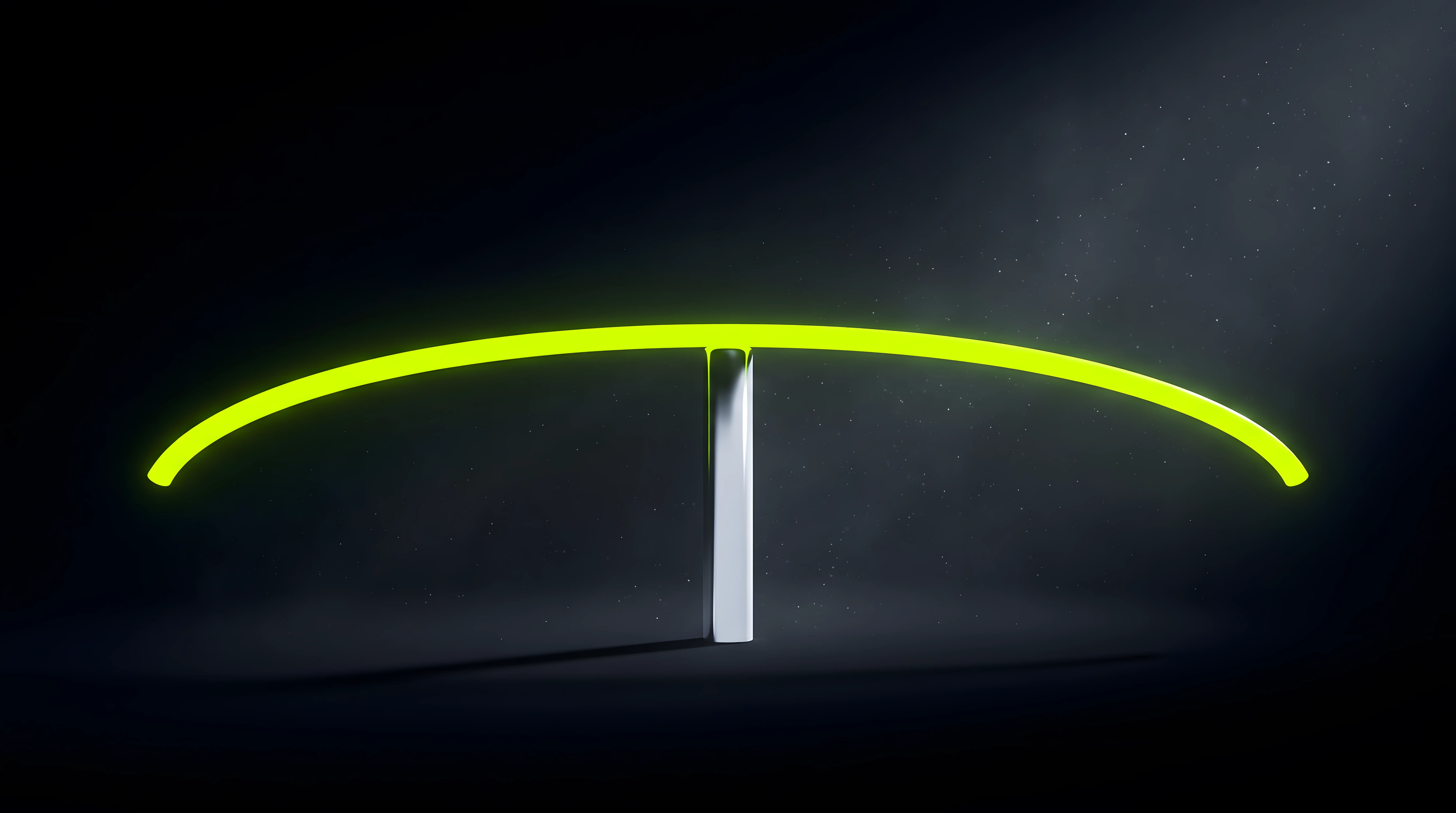 A wide toxic lime arc overhanging a narrow liquid chrome base on deep void black, the span reaching far past what supports it, representing a listing promise wider than the work behind it.