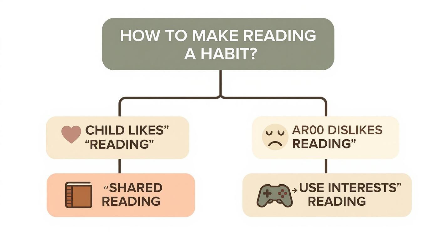 Flowchart outlining strategies to cultivate reading habits in children based on their preferences.