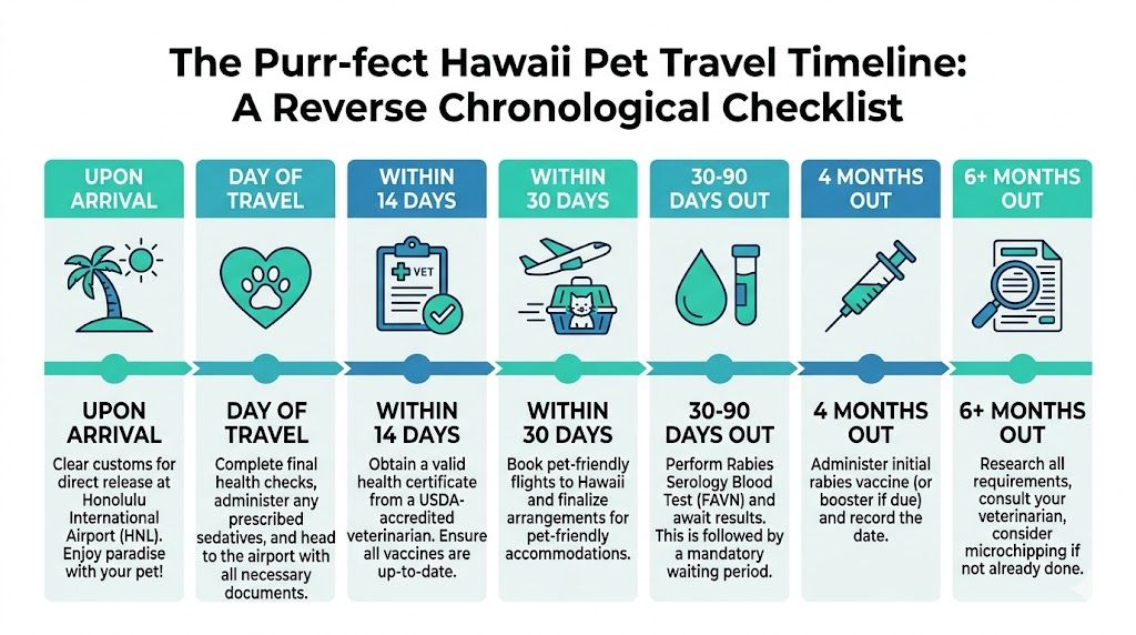 A reverse chronological checklist timeline infographic guiding pet owners through the steps for traveling to Hawaii.