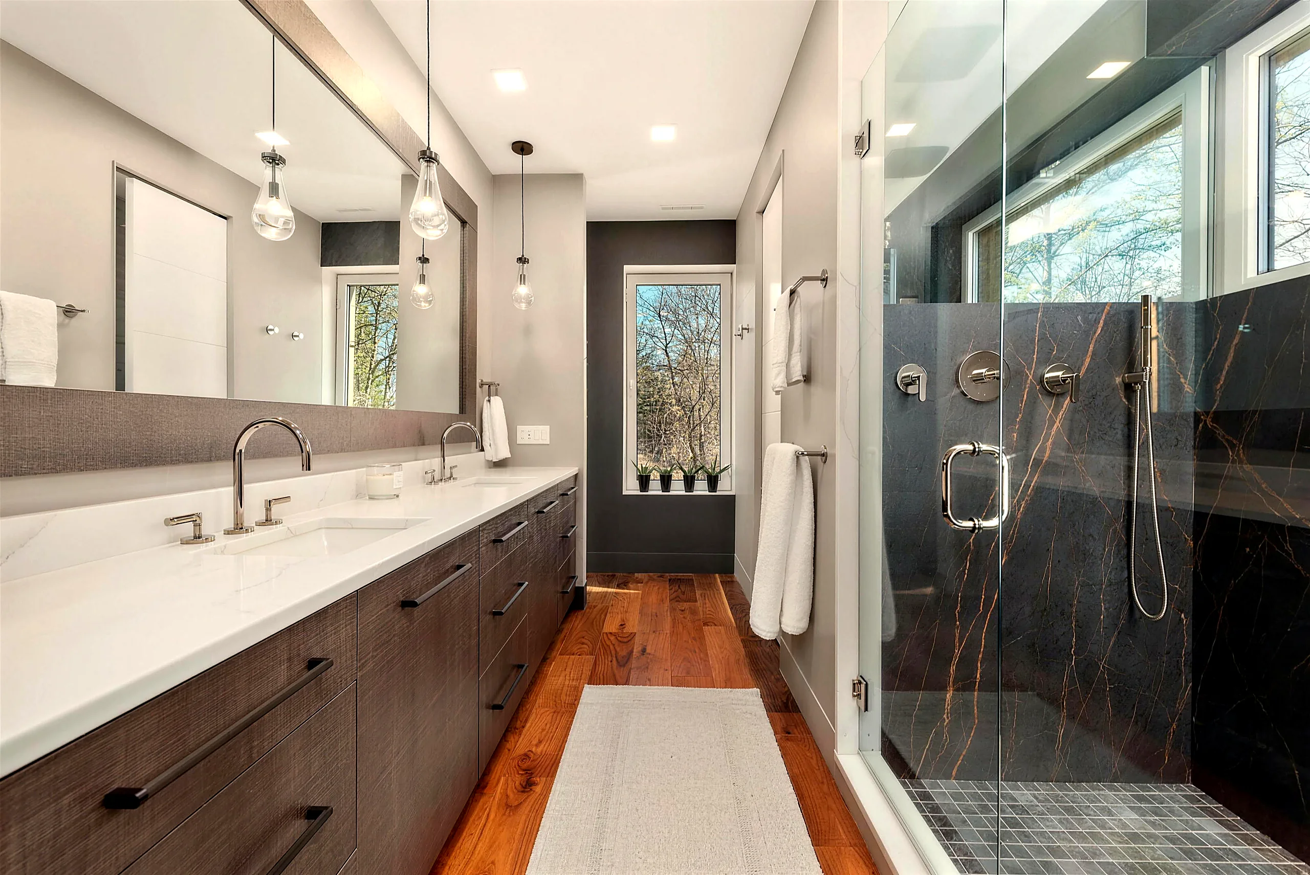 Noir Oasis bathroom renovation in Sewickley, PA by Haute Designs