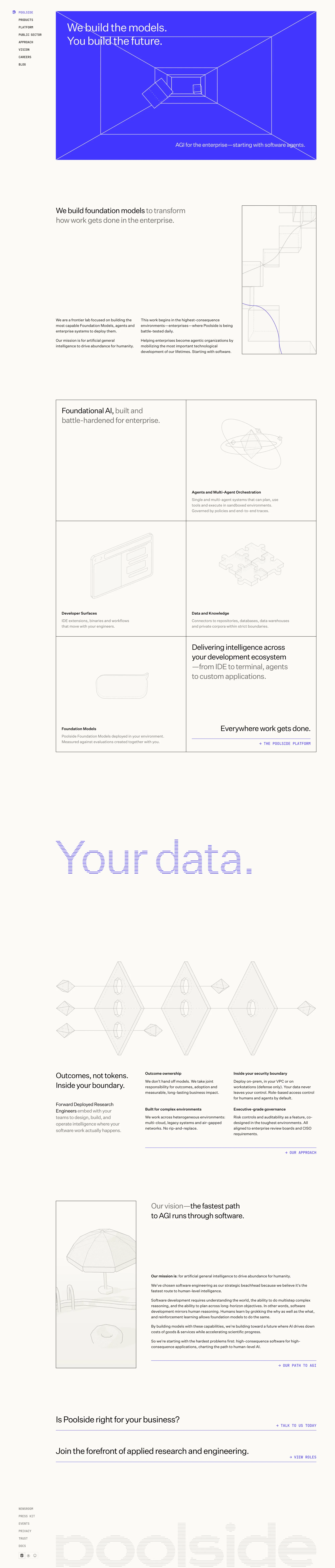 Poolside: Frontier research to operation landing page screenshot showcasing AI and Tech design