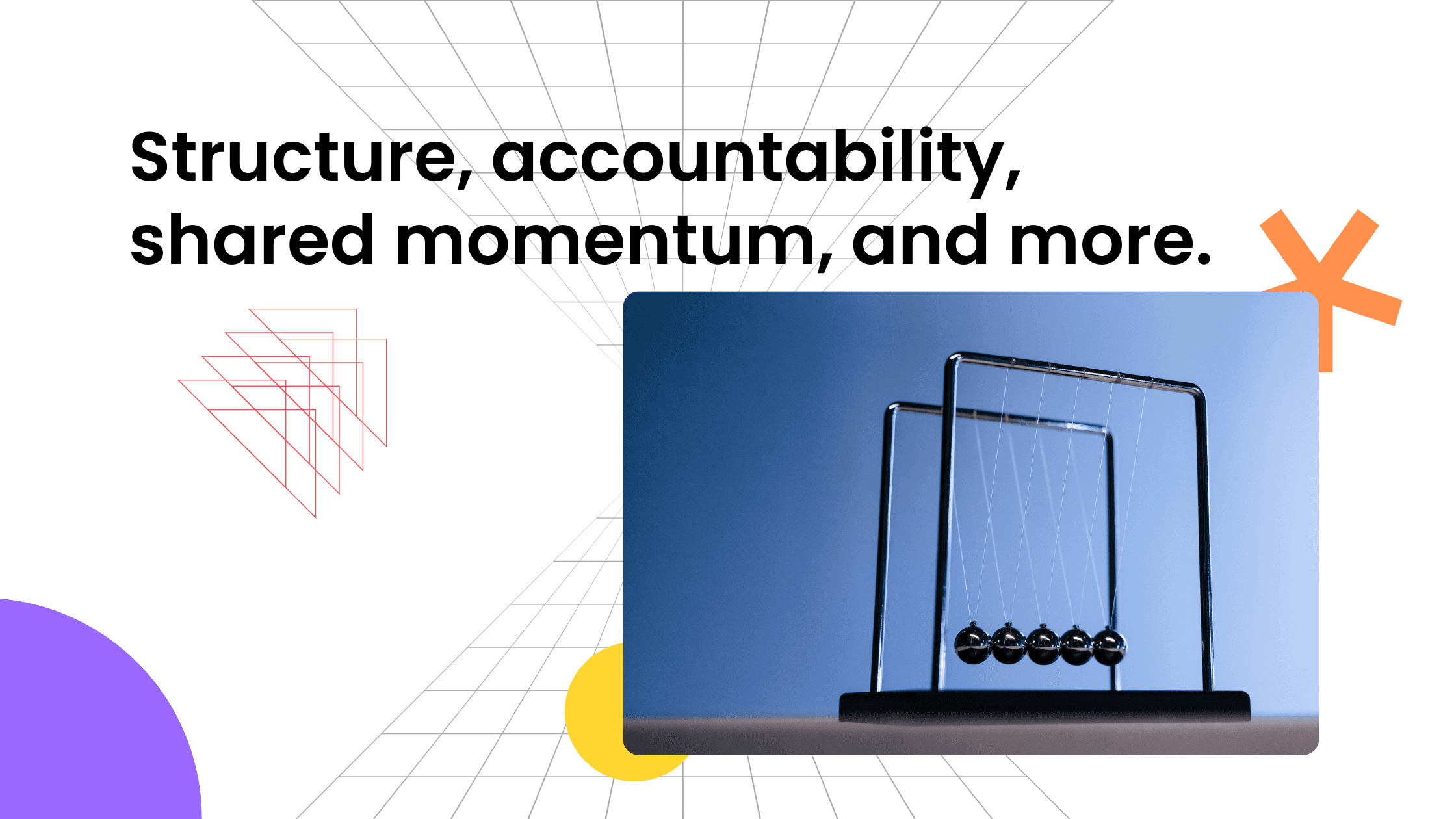 Newton’s cradle with metal spheres suspended in motion against a clean blue background resembling structure and momentum.