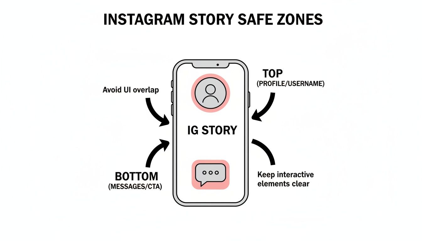 Infographic demonstrating Instagram Story safe zones for optimal content placement, avoiding UI overlap with profile and messages.