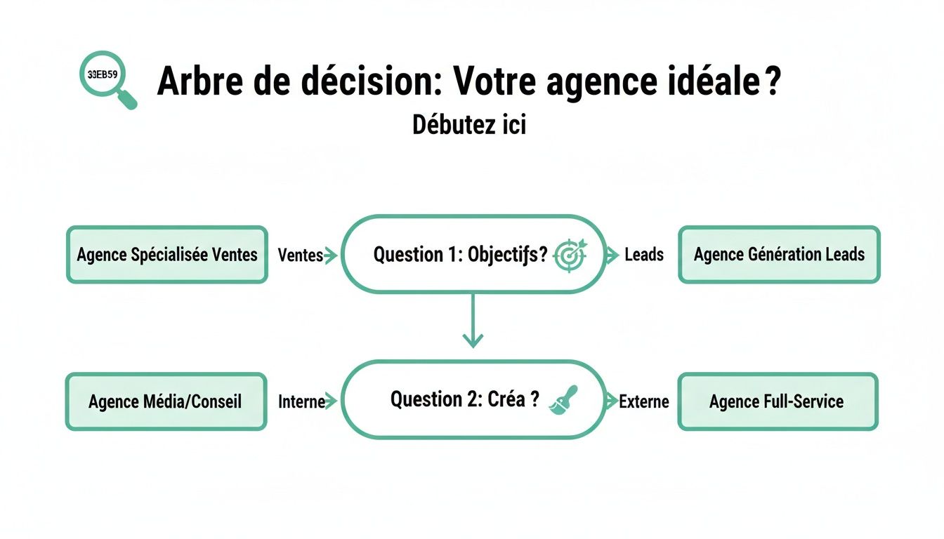 Un arbre de décision interactif pour choisir votre agence idéale, basé sur les objectifs de ventes, la génération de leads et les besoins créatifs.