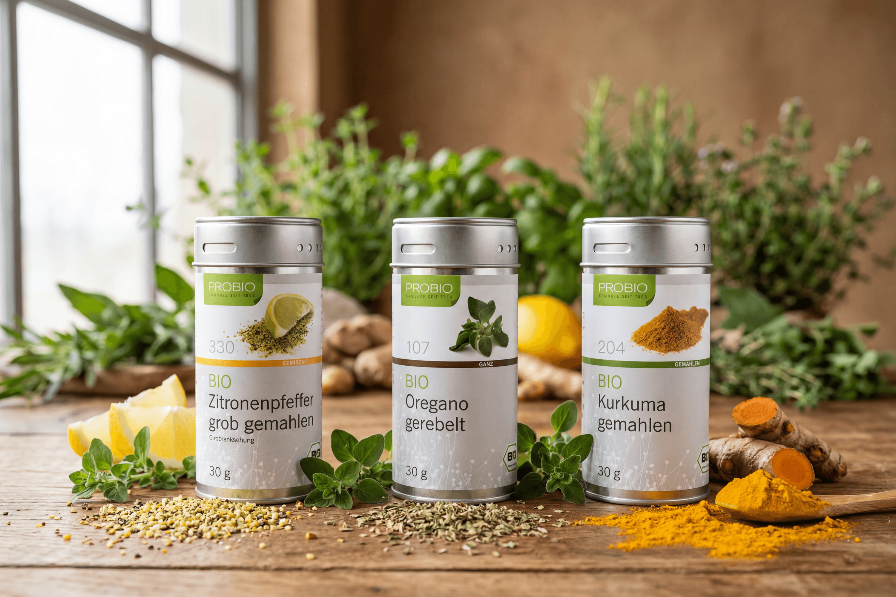 Three spice jars: Lemon Pepper, Oregano, Turmeric