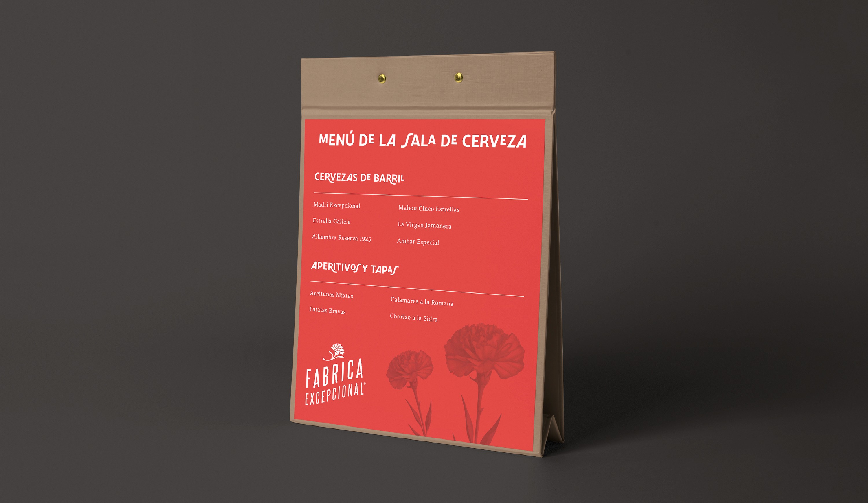 Branded menu design for Fabrica Excepcional featuring custom typography, visual storytelling and hospitality branding