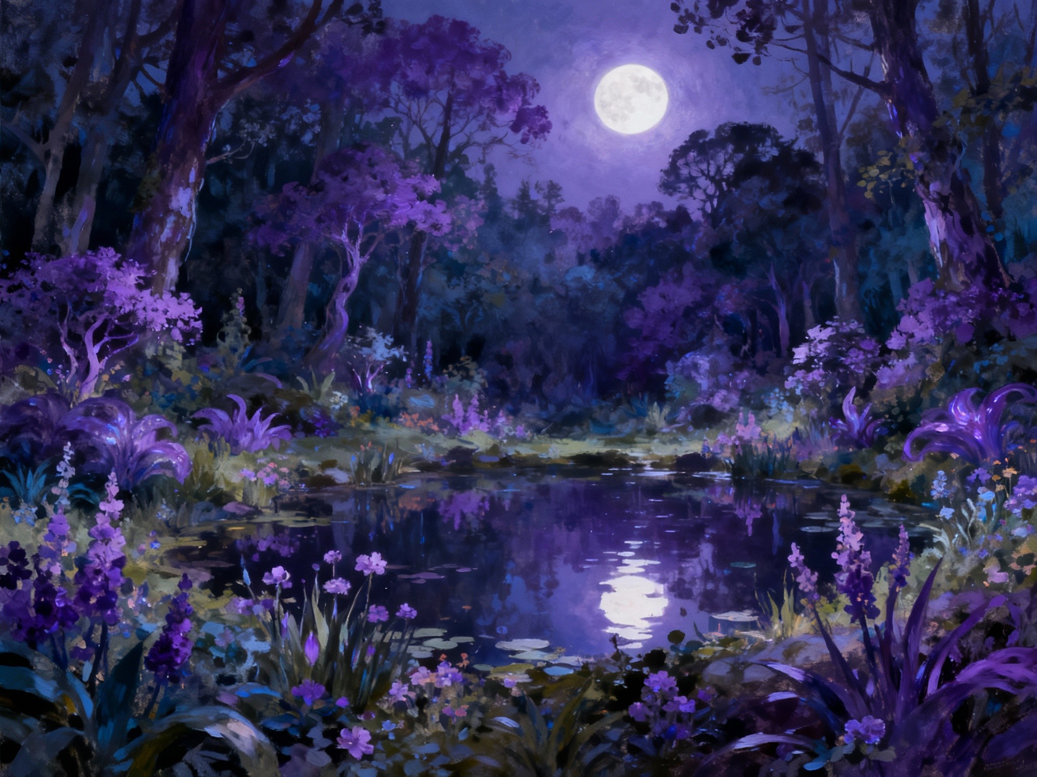 A fine-art illustration in a format depicting an enchanted forest clearing bathed in soft moonlight