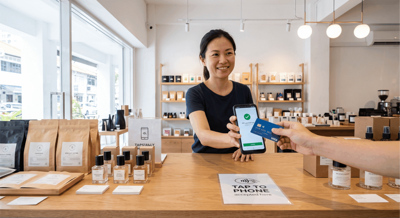 Retail merchant accepting a contactless credit card payment via Tap to Phone on an Android smartphone in a Singapore shop.