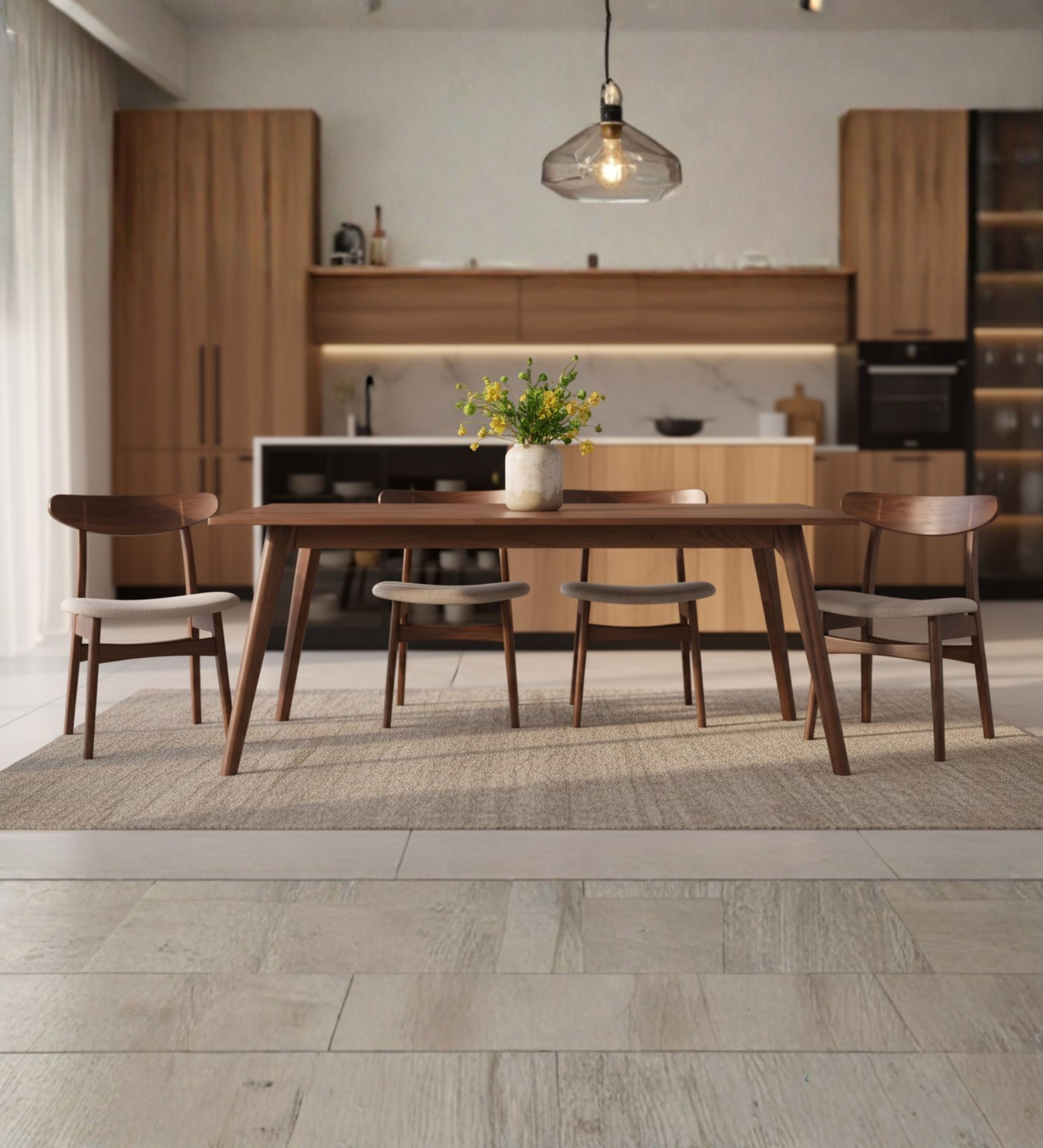 Long wooden dining set designed for everyday meals, paired with simple cushioned chairs