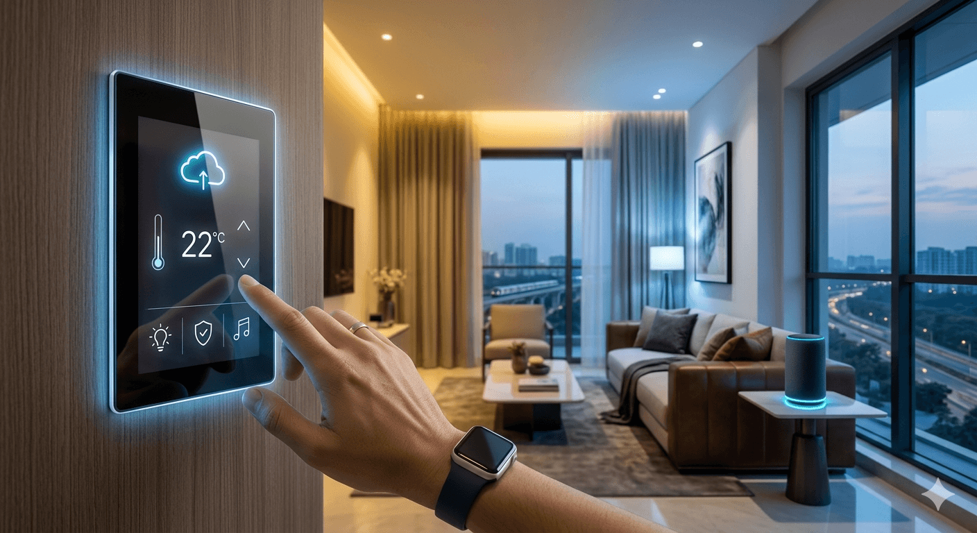 Smart home automation touchscreen panel in a premium Gurugram apartment interior