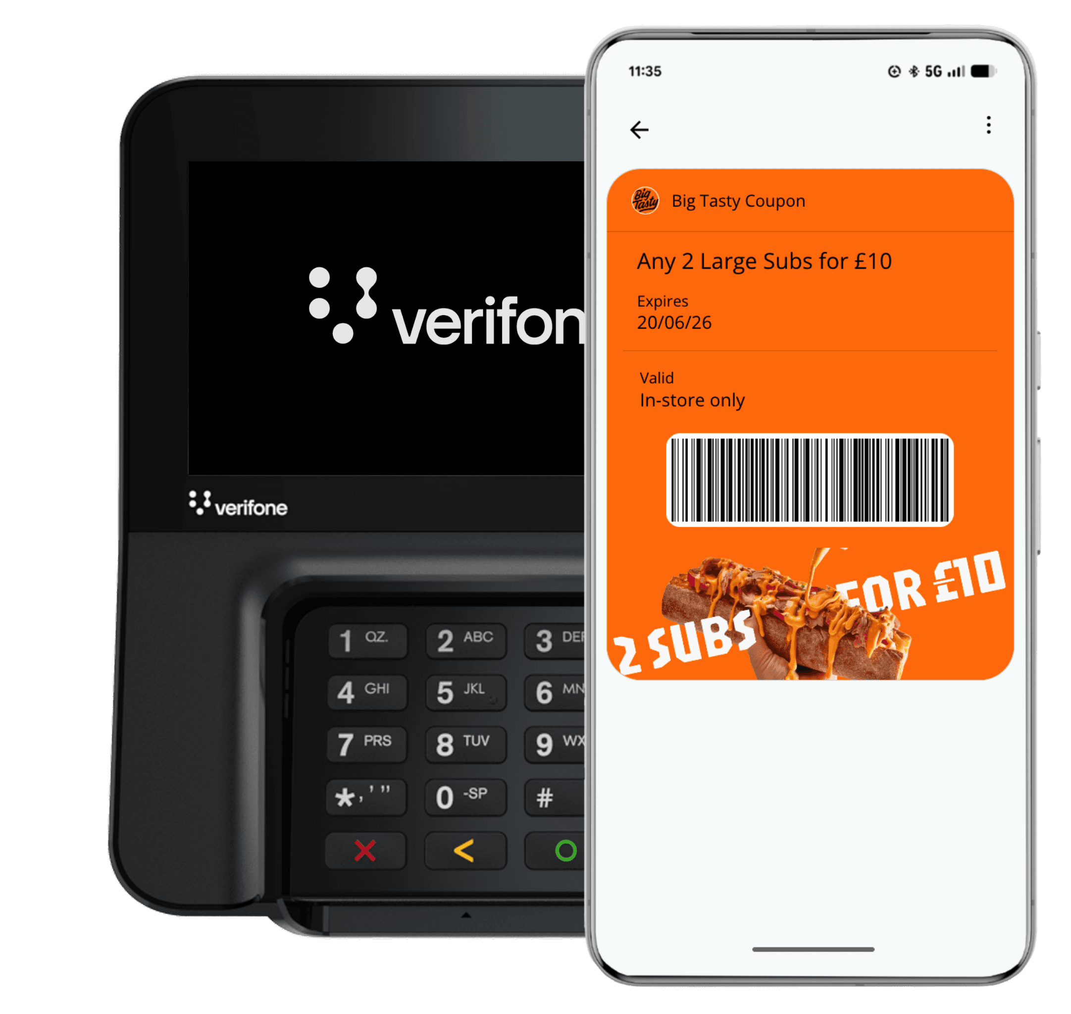 A person holds a smartphone near a payment terminal on a wooden table, initiating a contactless payment.