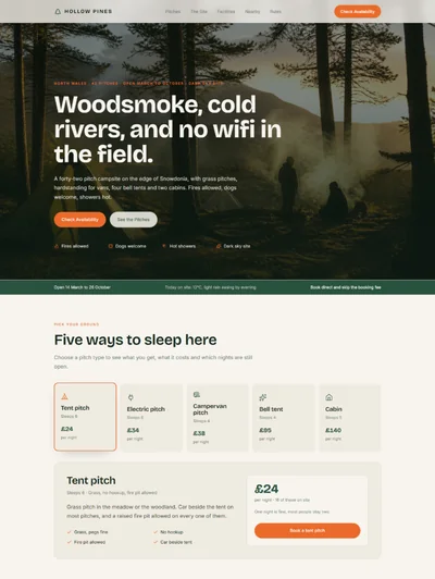 Campsite and glamping website template preview with pitch type chooser