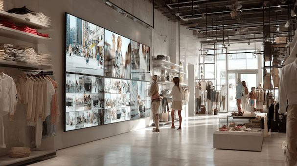 A retail environment with digital displays and shoppers, representing in-store digital marketing experiences.