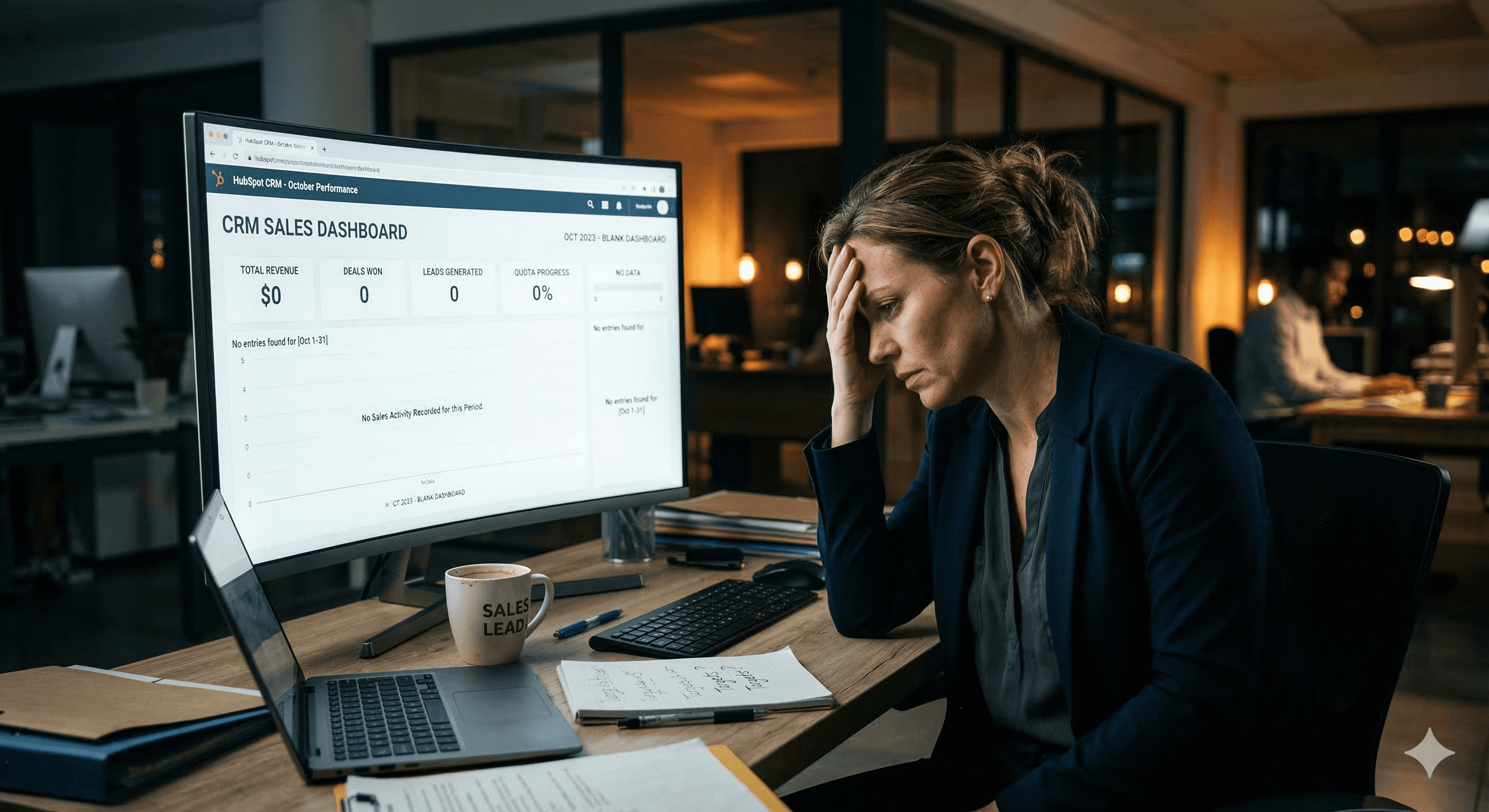 Frustrated sales manager in front of empty crm