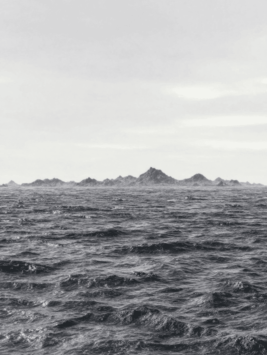 An endless, dark ocean stretches toward jagged distant mountains under a pale, overcast sky, evoking a calm yet ominous atmosphere.
