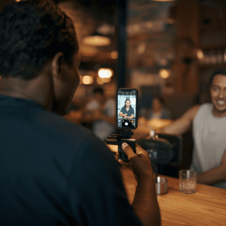A woman in a teal dress sits in a dimly lit room, focused on her smartphone. A laptop and notepad are on the glass table, suggesting a working environment.