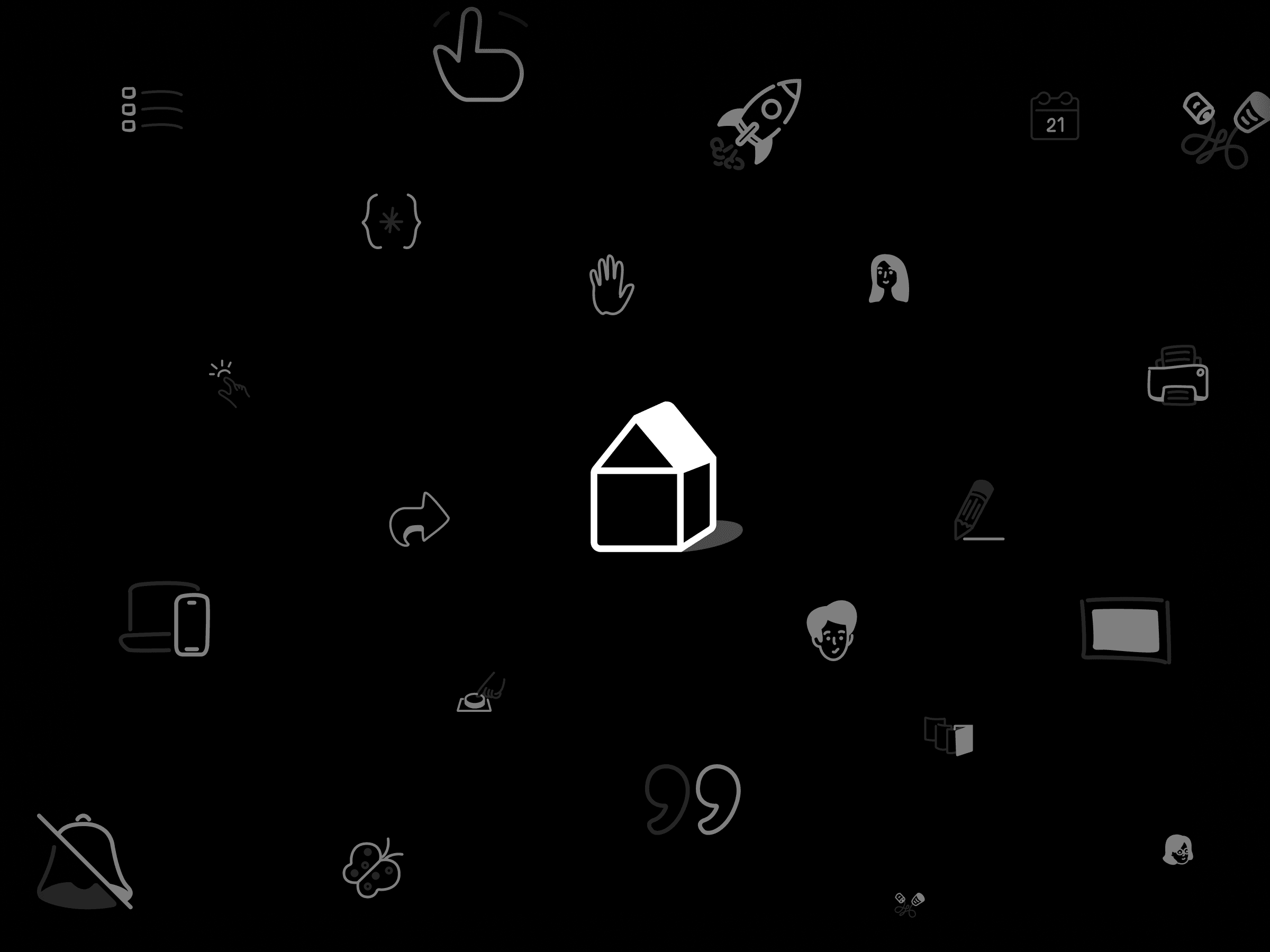На черном фоне в центре изображен светящийся белый значок в виде дома, окруженный различными серыми значками, включая ракету, телефон и календарь, что создает ощущение современной технологичности.