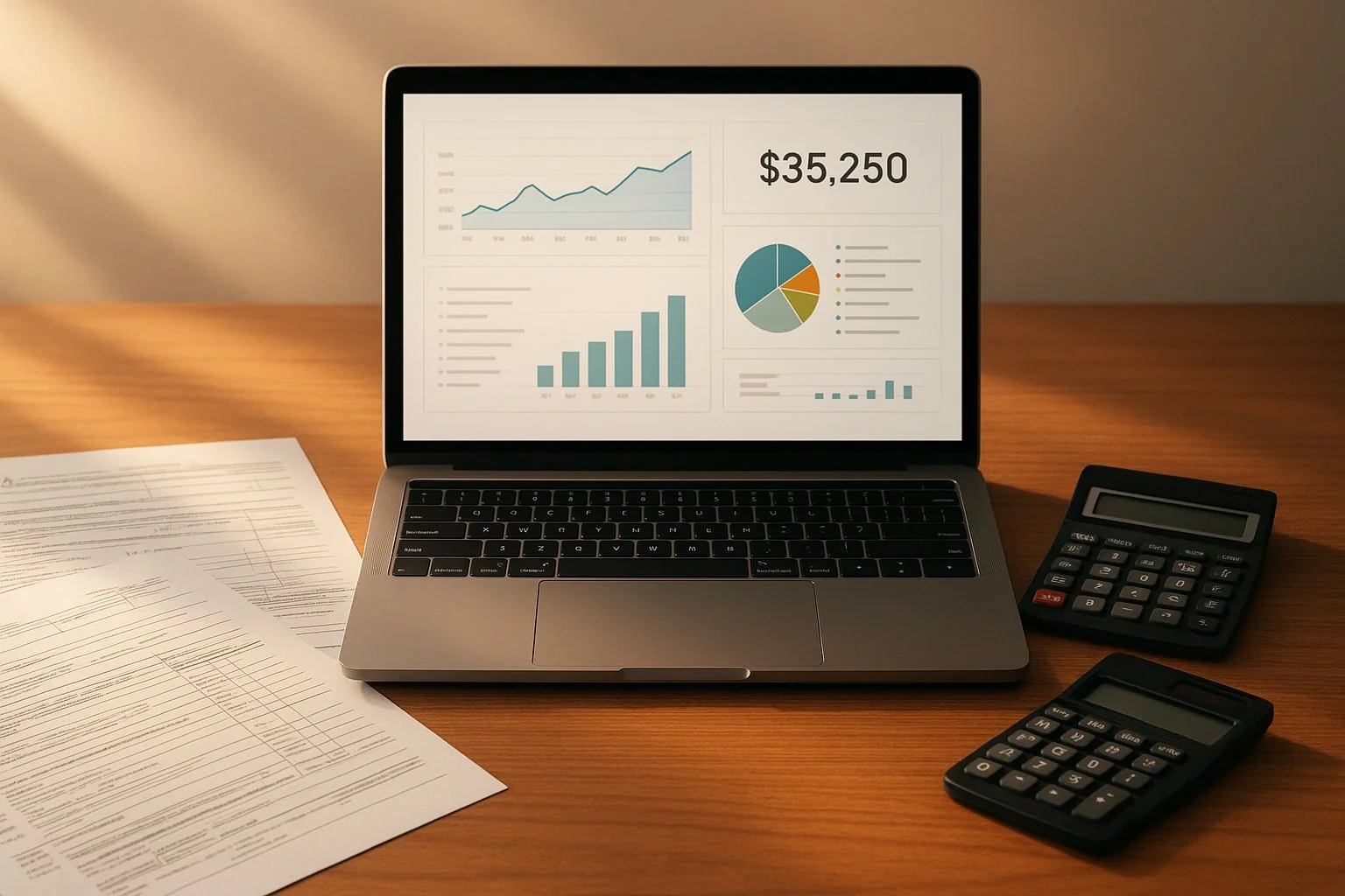 Desk with neatly arranged tax forms and calculators, a glowing laptop showing a financial dashboard, illuminated by soft sunlight.