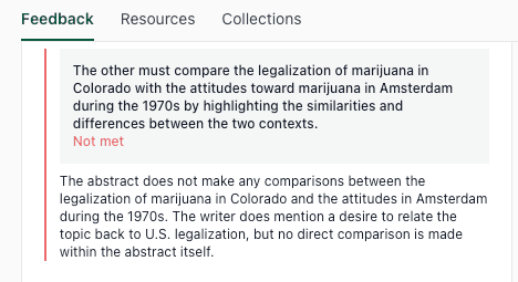 thesify Feedback panel showing a “Not met” criterion about a required comparison across two contexts.