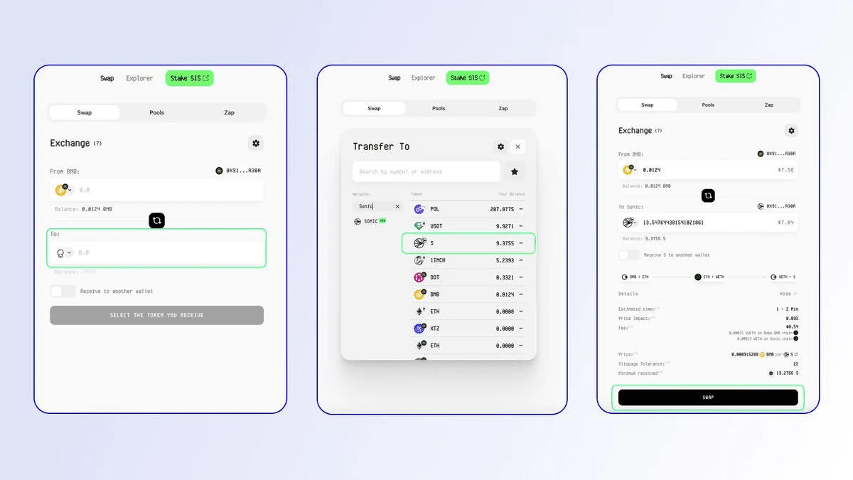 Three-step cross-chain swap interface showing token selection and transfer options