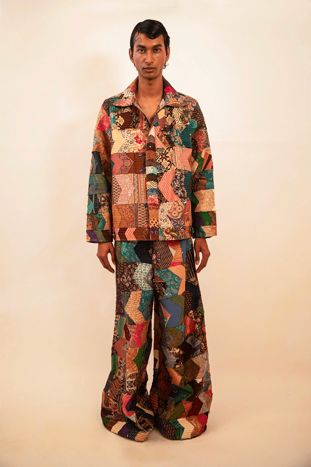 JIVI is our one-of-a-kind bomber jacket and wide-leg trouser set, handcrafted in-house using chindis we’ve collected over the past three years.