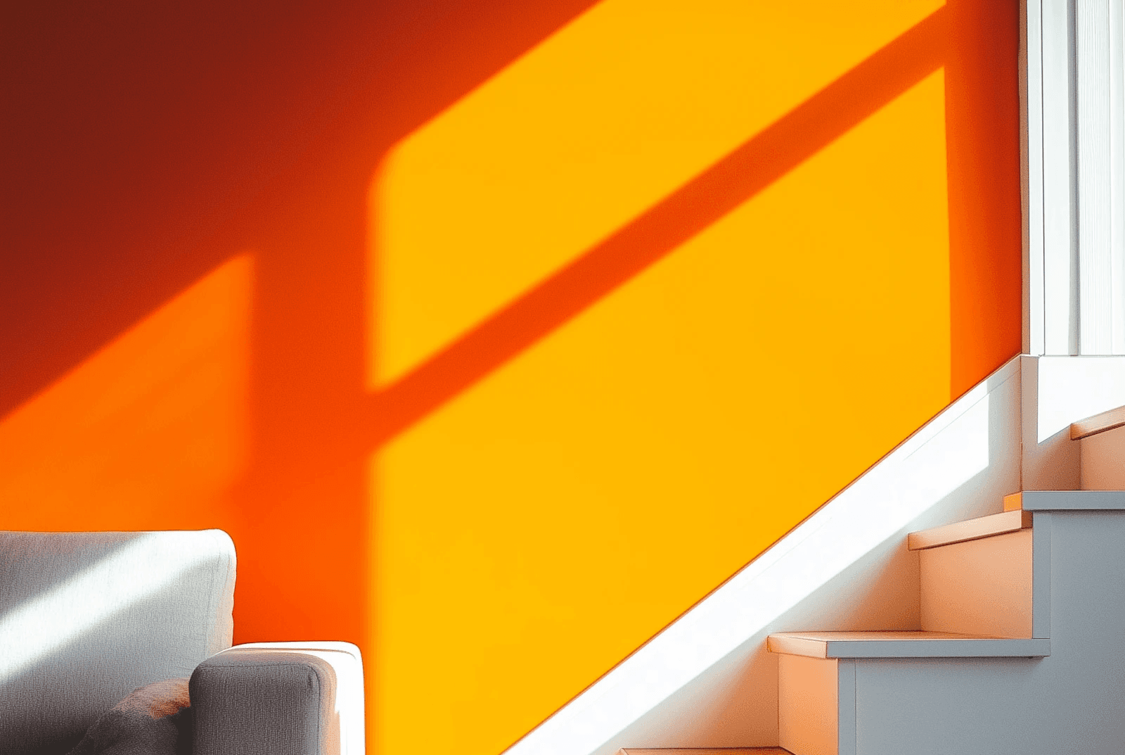 Light streaks on orange wall next to a sofa and stairs.