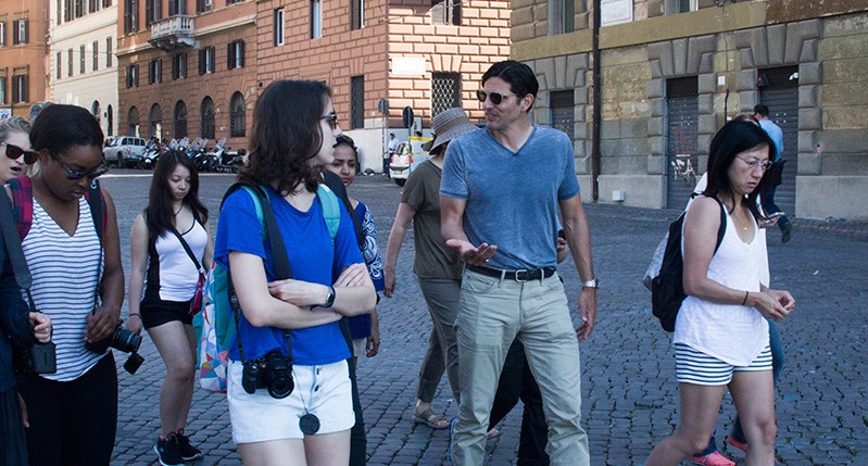 students walking down the street