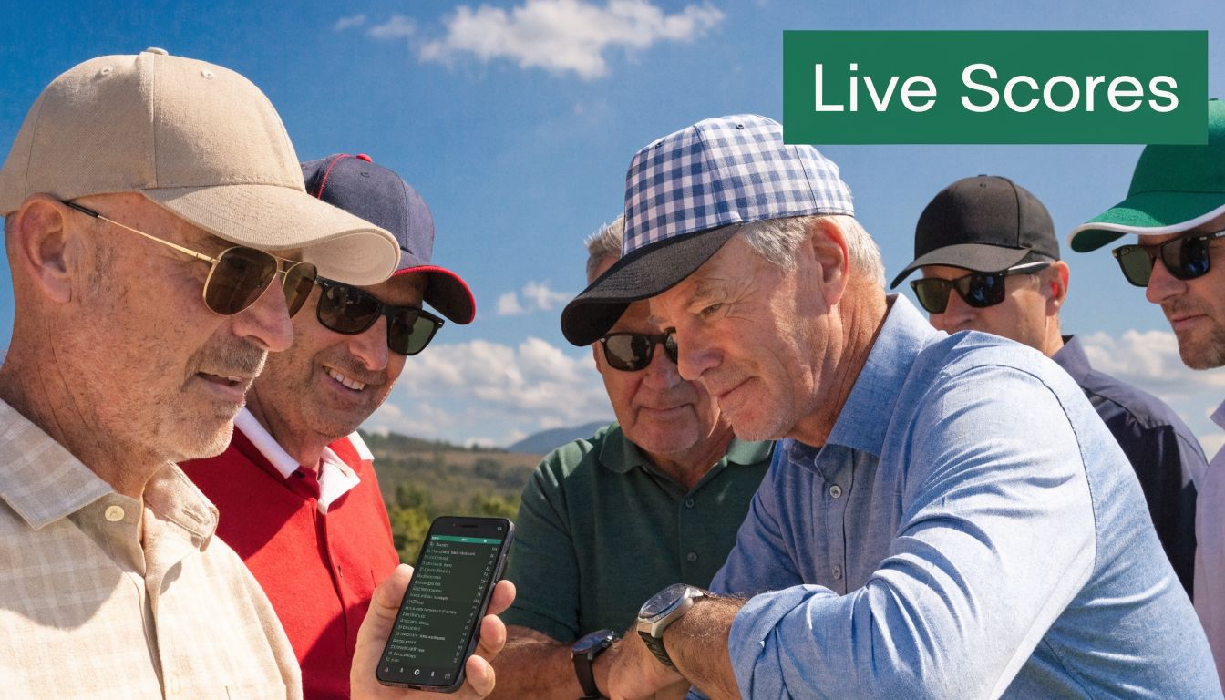 A group of older men in golf hats looking at a live score mobile application outdoors.