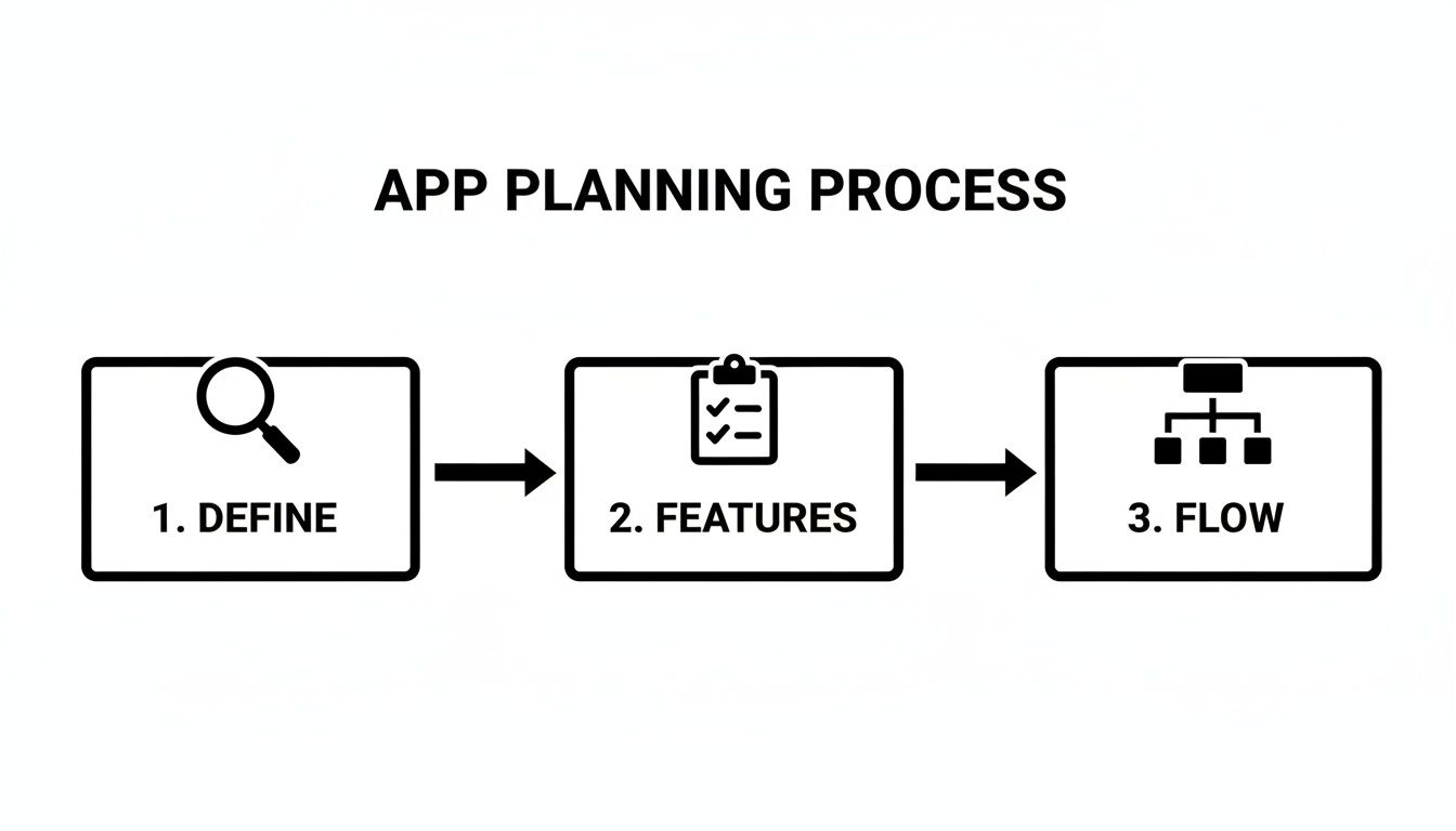 A clear diagram outlining the app planning process with steps: Define, Features, and Flow.