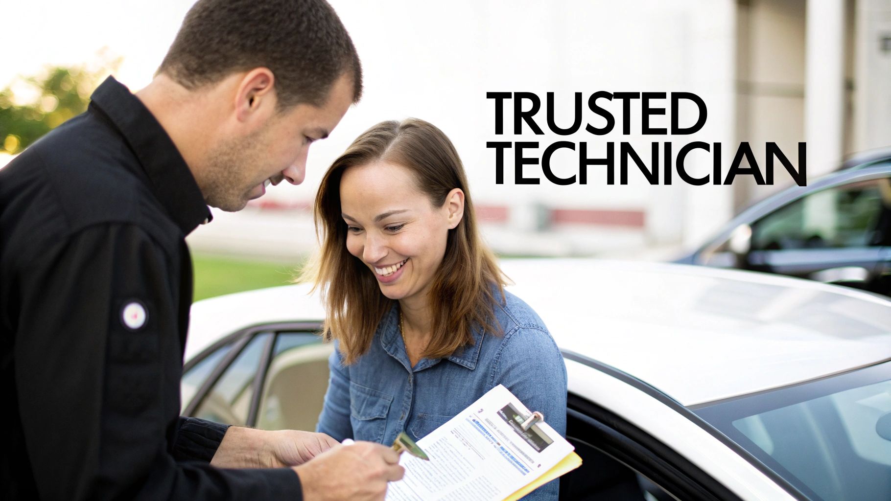A trusted technician explains service details to a smiling woman next to her white car.