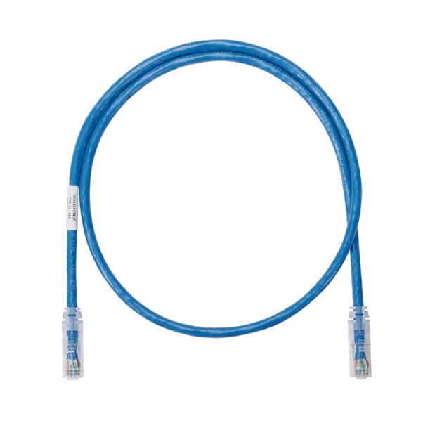 Cable patch cord Ethernet azul con conectores RJ45 en ambos extremos