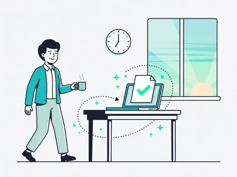 Illustration of a person arriving with coffee at 7am to find a finished document waiting