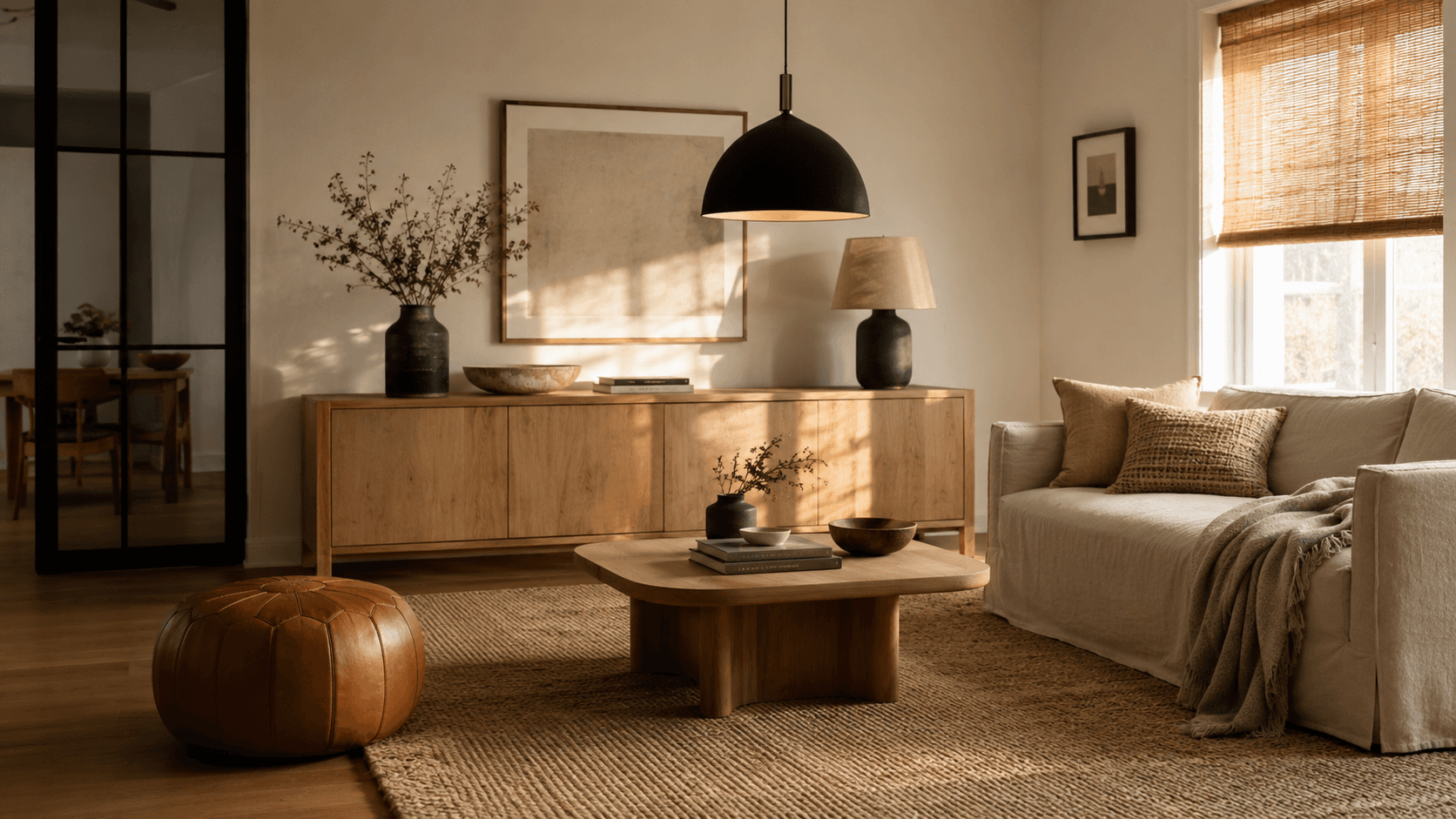 Warm minimalist living room featuring a white oak credenza, matte black pendant light, oatmeal linen slipcovered sofa, woven wood shades, cognac leather pouf, and a wool-jute rug. The bright, inviting space blends white oak and matte black finishes with layered natural textures for a modern yet cozy interior design.