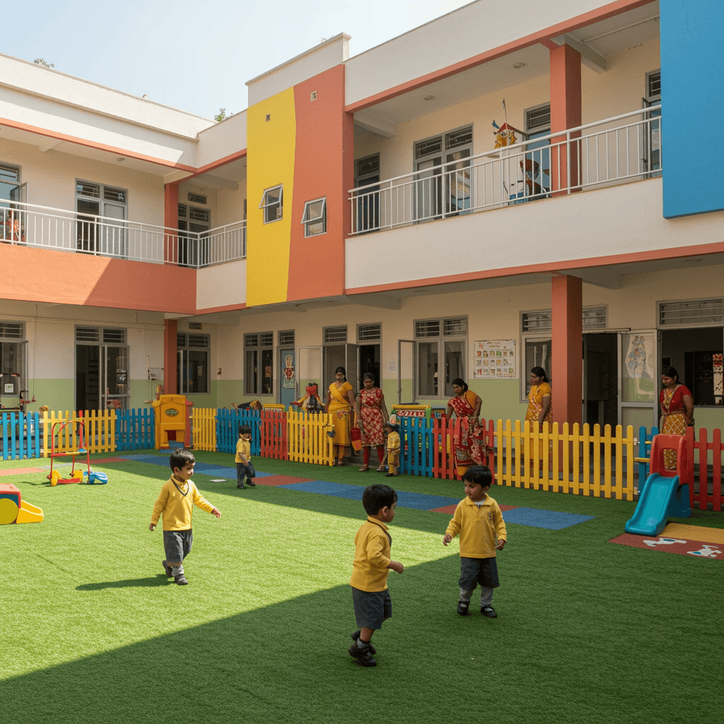 a group of children sitting on steps in front of a building
