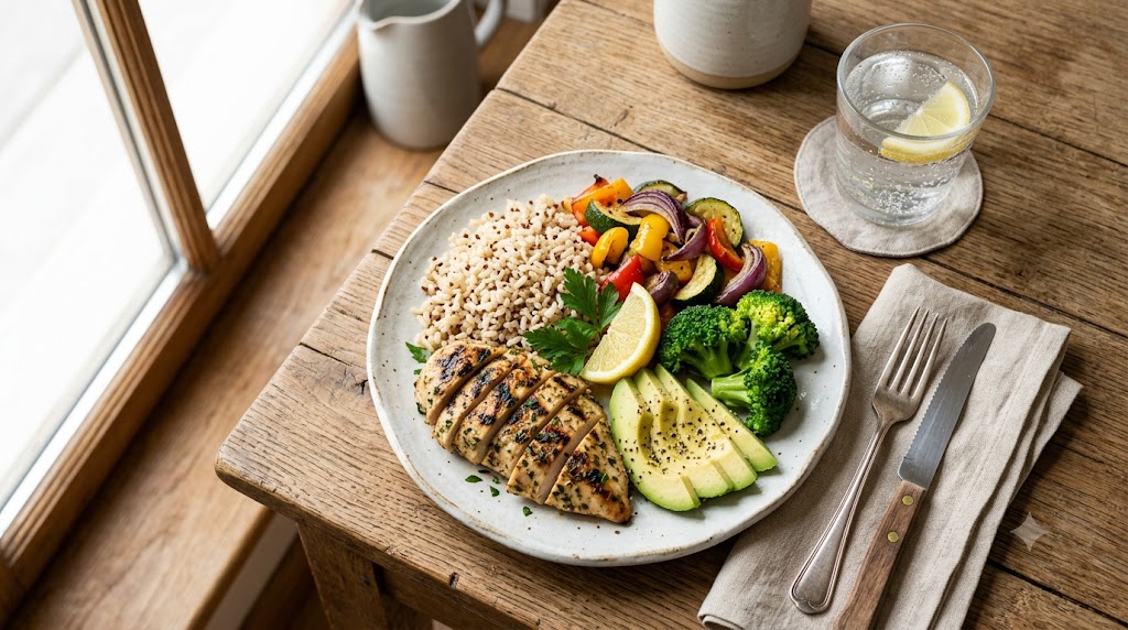 A top-down photograph of a beautifully styled post-workout meal on a wooden table, featuring grilled chicken breast, brown rice, roasted vegetables, broccoli, avocado slices, and a glass of water.