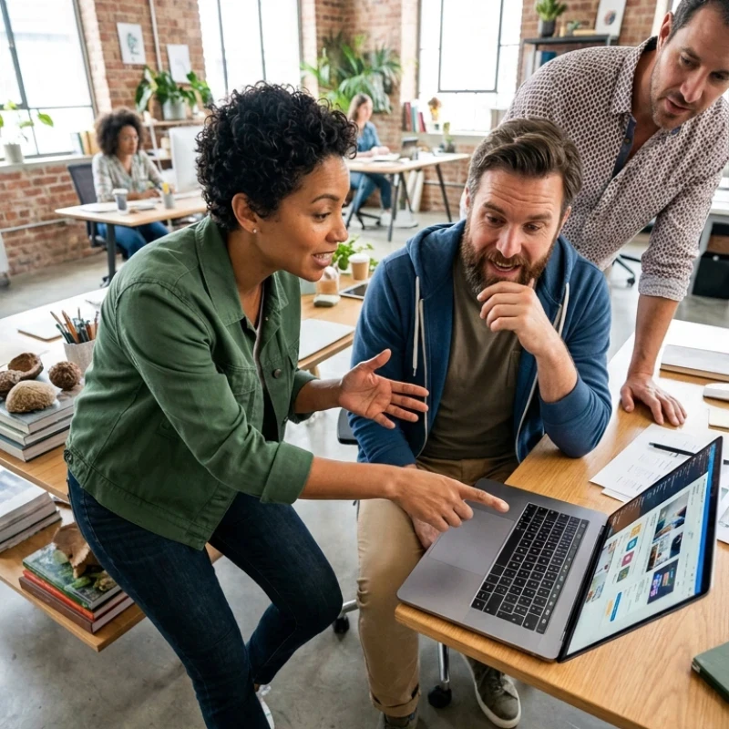 Équipe de managers et collaborateurs en agence, échangeant autour d'un plan d'action structuré et de documents de synthèse dans un espace de travail collaboratif, illustrant notre expertise en Stratégie de comm 360° pour faire de votre marque un levier de différenciation durable.