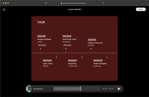 Jasmine Kelly live performance highlights and tour history, showcasing concerts and appearances as an indie artist from New York