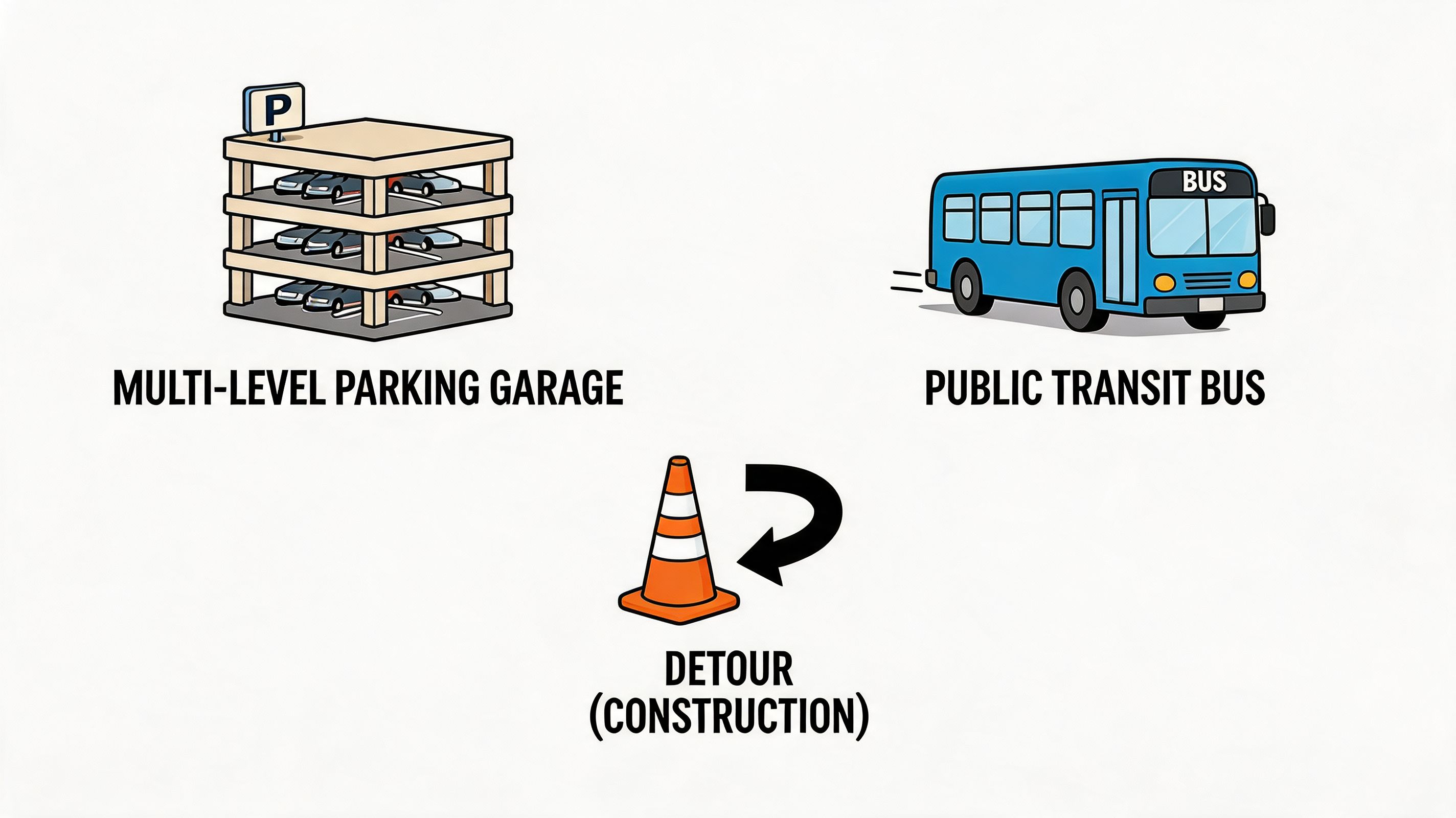 A graphic featuring icons of a multi-level parking garage, a public transit bus, and a construction detour cone.