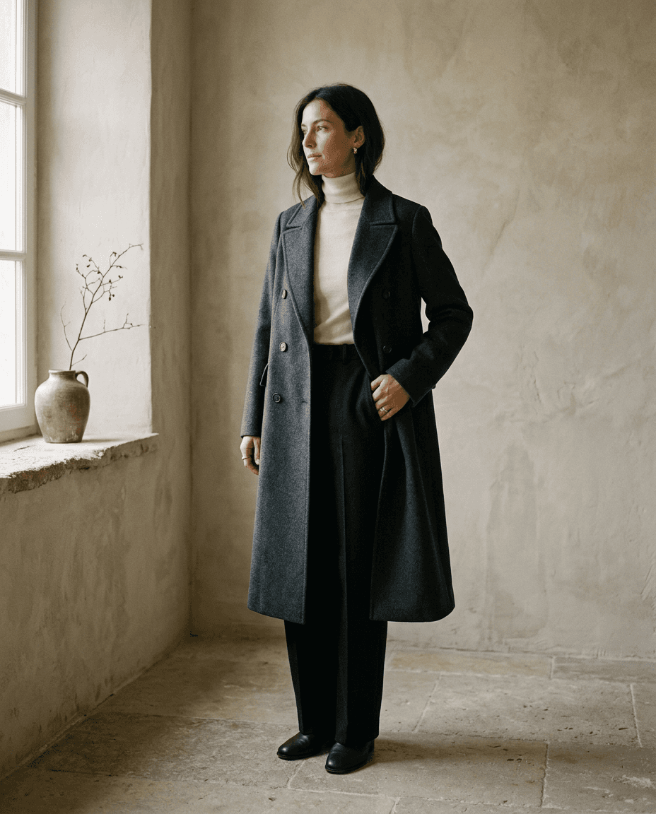 Double-Breasted Camel Cashmere Coat — Charcoal — editorial