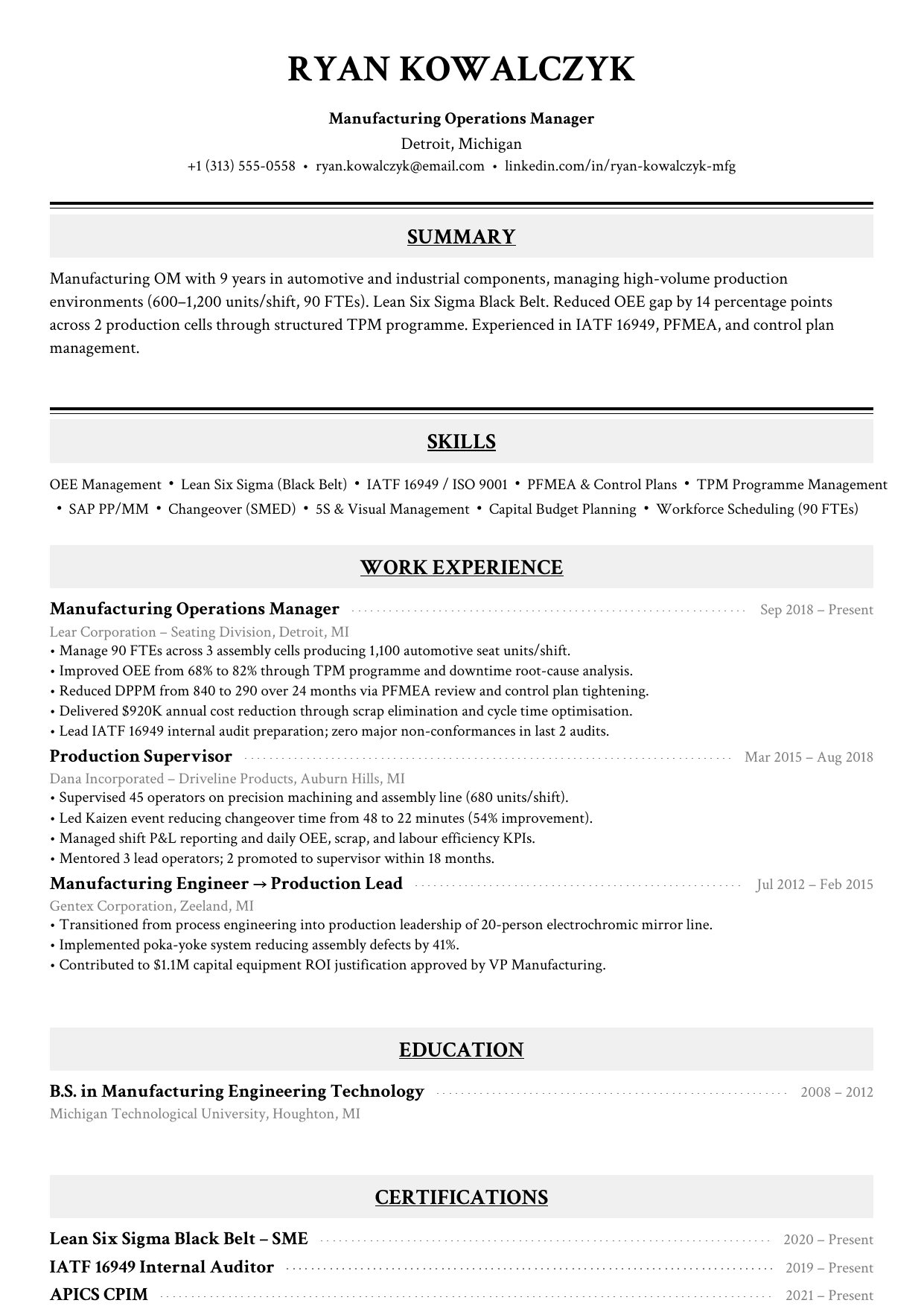 Manufacturing operations manager resume example