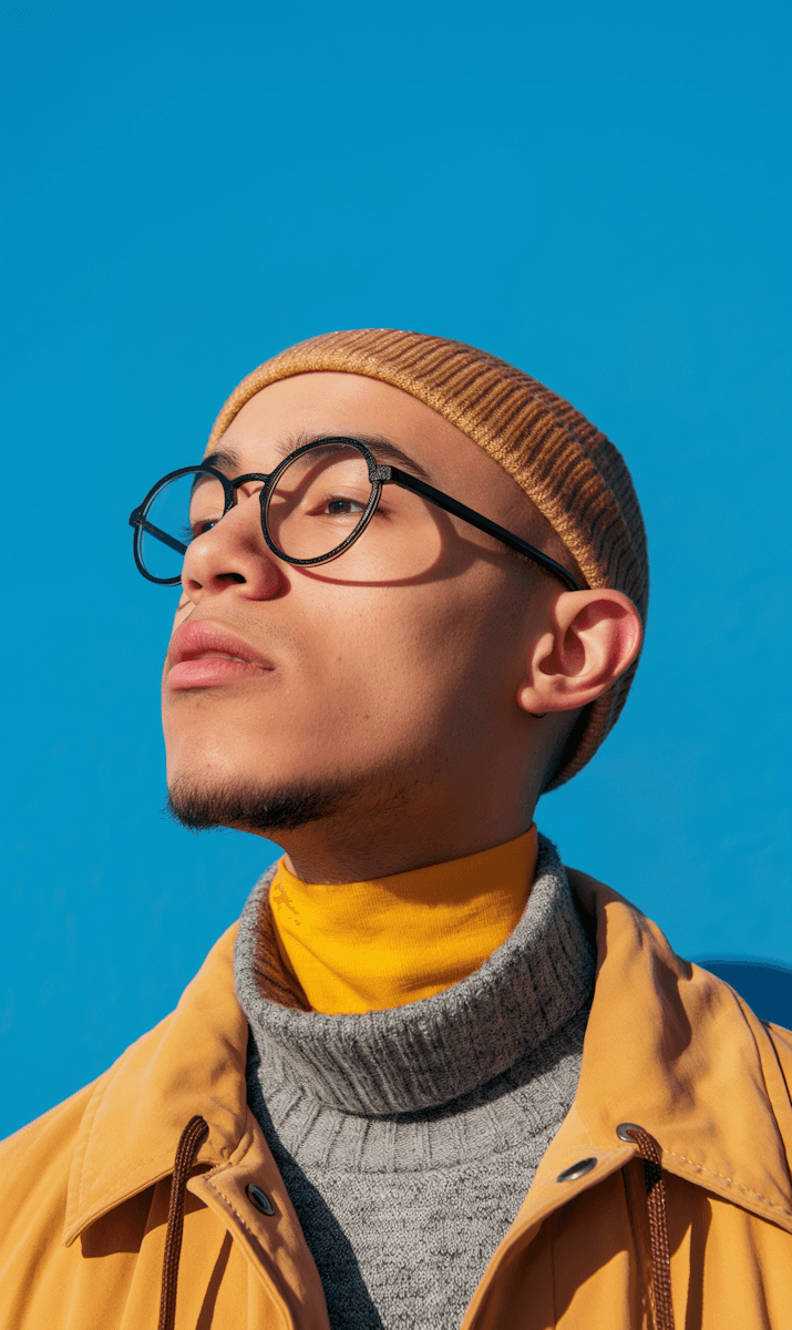 Portrait of a young man with glasses and beanie against a bright blue background, confident expression
