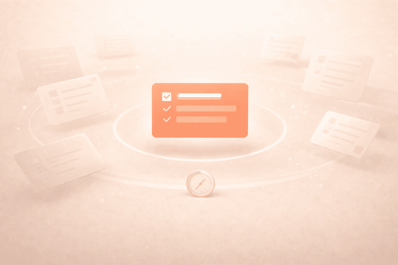 Minimalistische 3D-Illustration auf cremebeigem Hintergrund mit einer zentral schwebenden korallorangenen Aufgabenkarte, umgeben von verblassenden Aufgabenfragmenten, einem dezenten Fokusring und einem kleinen Timer, die den Fokus auf eine einzige Hauptaufgabe symbolisieren.