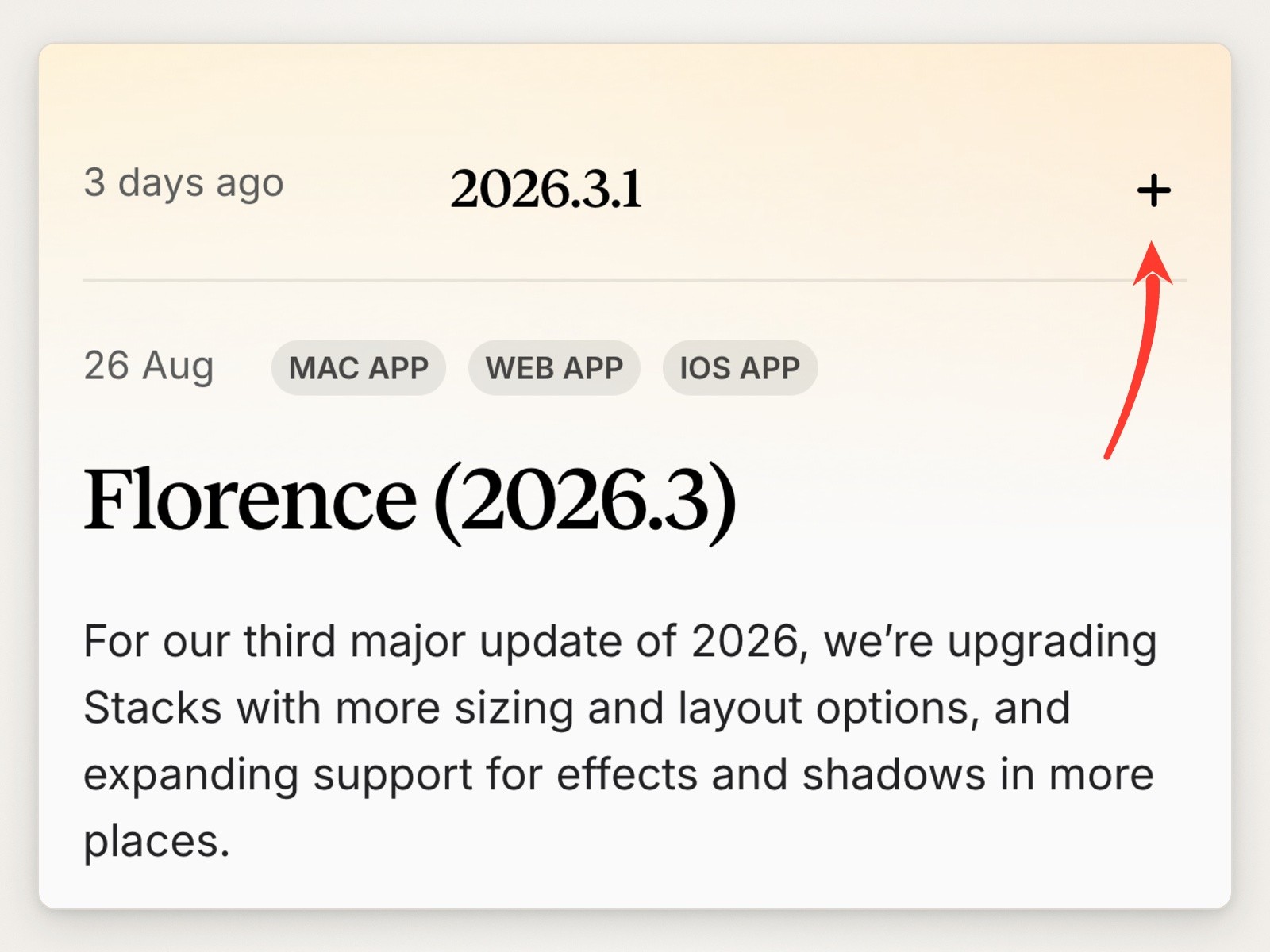 Sketch's changelog with the 2026.3.1 patch release folded into a single row with a plus button, above the Florence 2026.3 release tagged Mac app, Web app and iOS app; a red arrow points at the plus