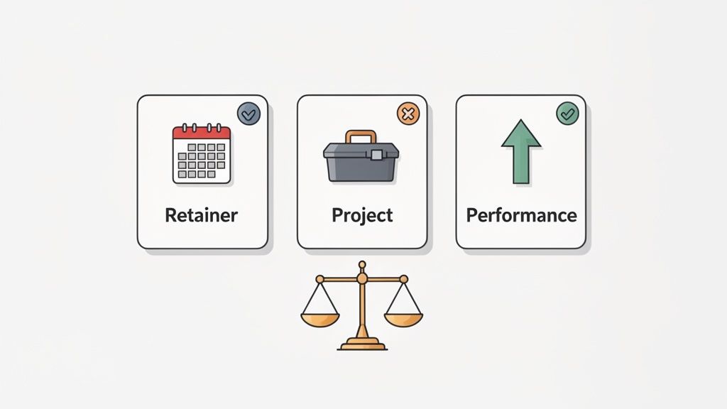 Illustration comparing Retainer, Project, and Performance business models with a balance scale below.